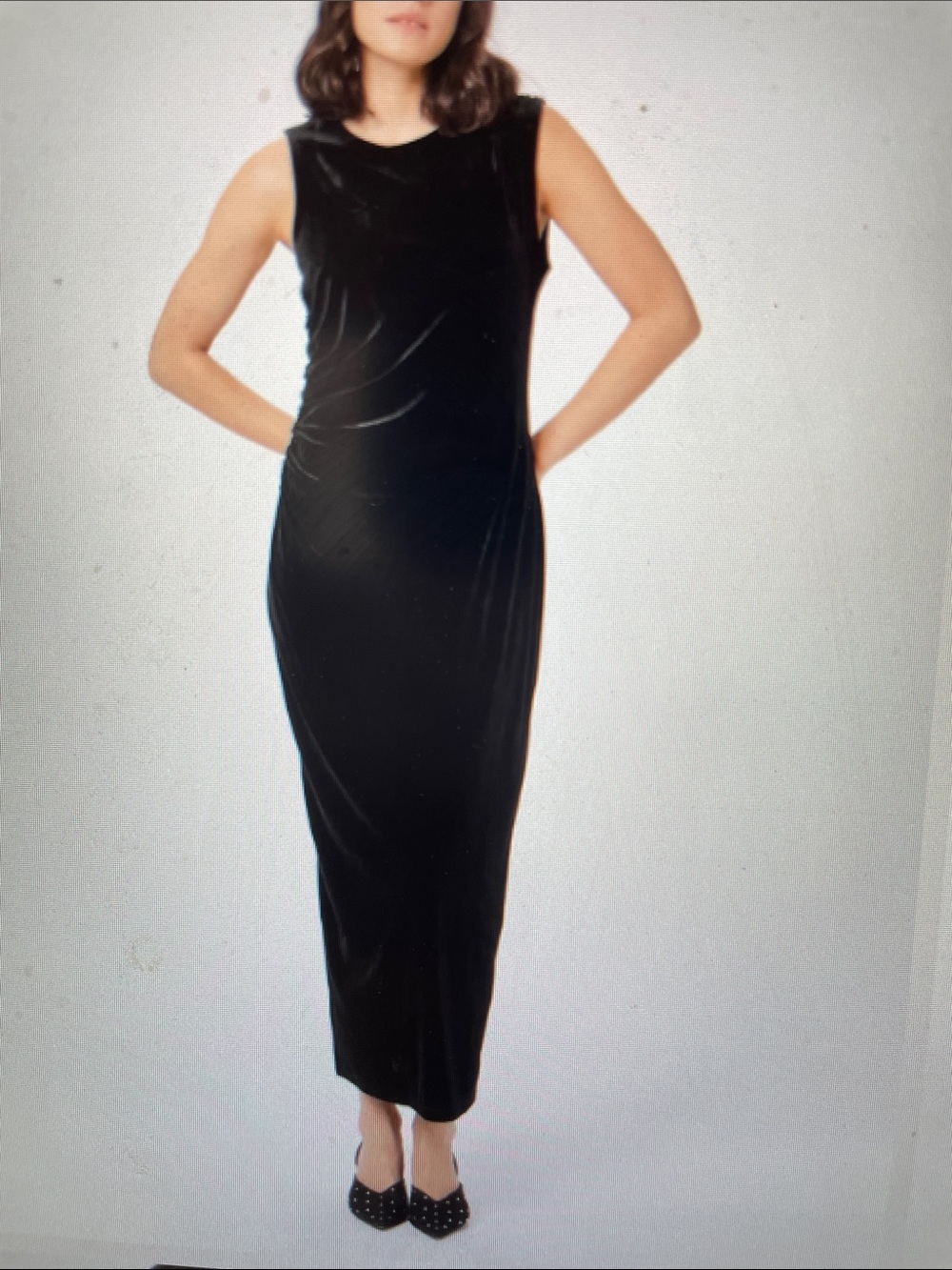 Kaffe Sleeveless velvet Black rutched side waist Maxi Dress with back slit